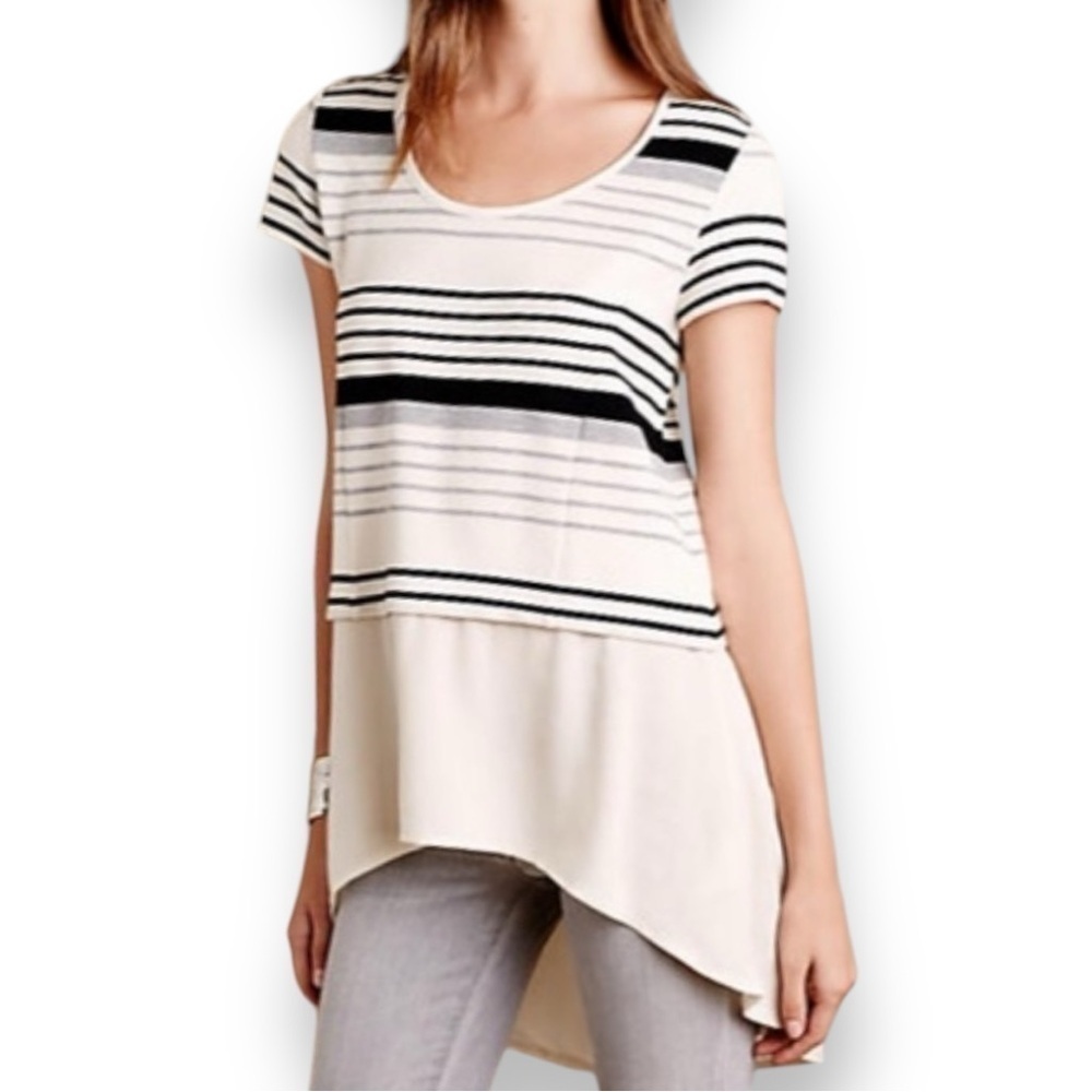 Anthropologie Deletta Black Cream Stripe Ribbed Hi-Low Top - Medium